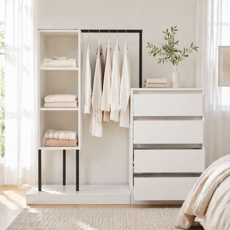 Cabina armadio aperta con cassetti e appendiabiti, 140 x 40 x 135 cm, bianco e nero DESVIAE (1/5)