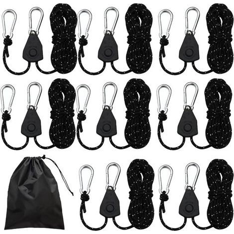 Ensemble de 8 cliquets à corde - Système de suspension à poulie réglable de 4 mm - Charge maximale : 68 kg - Noir (1/5)