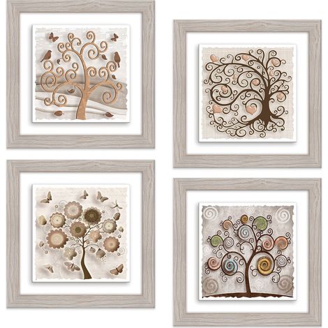 Lupia - Set 4 Quadri in Ceramica stampa in rilievo vivida, TREE Albero della Vita, Cornice Modern Legno Shabby Chic Beige, Decorazione Parete, Idea Regalo, 18x18cm o 29x29cm, Made in Italy 29x29 cm (1/4)