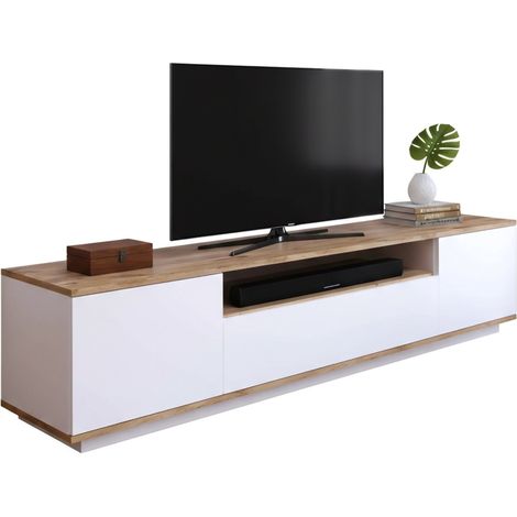 Dmora - Mobile porta TV Sinope, Credenza da soggiorno, Armadio basso per TV, Base parete attrezzata, 180x45h45 cm, Quercia e Bianco, con imballo rinforzato, con imballo rinforzato