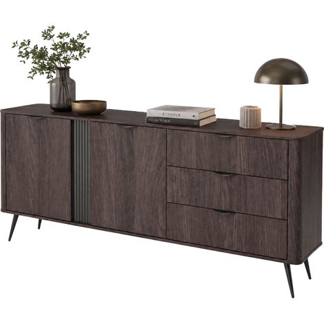 Credenza Kabatiti, Madia 3 Cassetti, 2 Ripiani, Apertura Battente, Scorrevole, 195x38x81h cm Marrone Noce