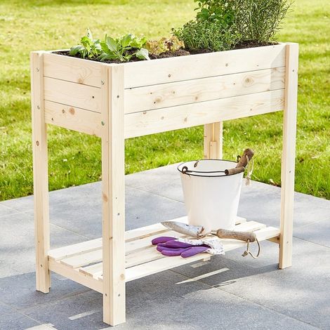 Carré potager sur pied en bois de pin massif avec étagère stable et toison intérieure modèle "511" (1/5)