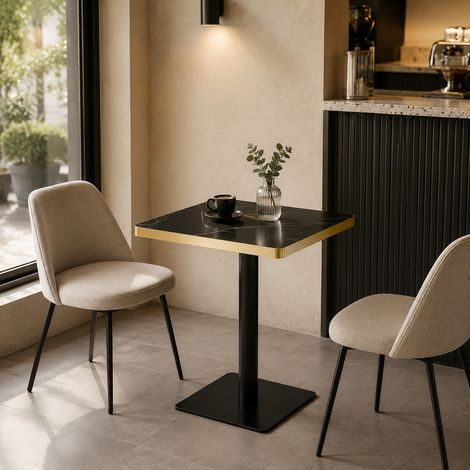 Table carrée moderne UV effet marbre, piètement métal robuste, design raffiné, idéale pour salle à manger ou salon, plateau facile d'entretien et résistant (1/5)