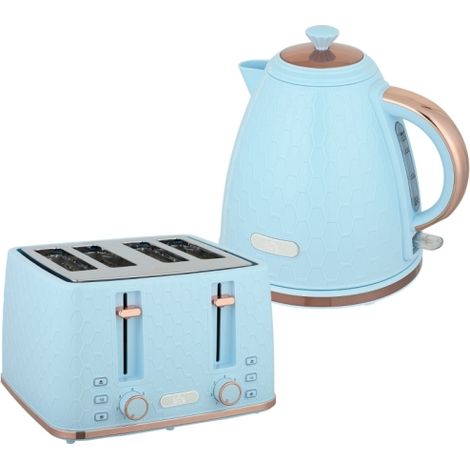 Light Blue Kettle and Toaster Set, 1.7L Fast Boil Jug Kettle 3000W, 4 Slice Toaster with 7 Browning Levels