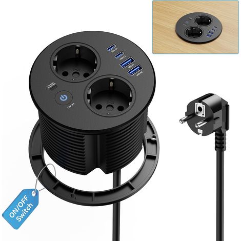 Prise Encastrable Plan de Travail avec USB C PD 20W et Interrupteur, Multiprise Encastrable Bureau, Bloc Prise Escamotable avec 1,8M de Câble pour Cuisine Bureau Meubles (1/5)