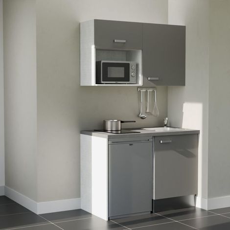 Kitchenette K07L-PT - 120 cm - plan stratifié, évier inox, - Façade Gris - Plan Gris béton - Evier Inox - Crédences Non + Electroménager inclus coloris Inox (1/5)