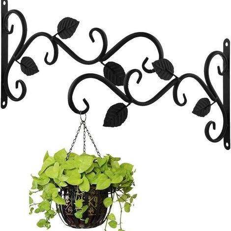 Support mural pour plantes – Crochets en fer forgé blanc, lot de 2 (30 cm) – Support vintage pour pots de fleurs – Convient pour jardins et balcons – Noir (1/5)