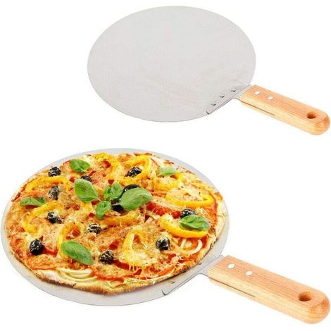 Pelle à pizza ronde en acier inoxydable avec manche en bois, 25,5 cm, pour la cuisson des pizzas, du pain, des gâteaux et des biscuits (1/5)