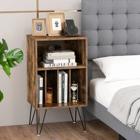 Meuble pour platine vinyle marron rustique 3 niveaux avec station de charge et rangement pour disques, pour salon et bureau (1/5)