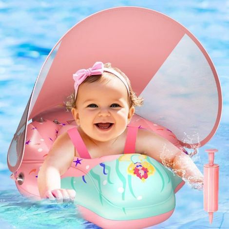 Bouée de piscine pour bébé avec pare-soleil UPF50+, siège de sécurité réglable et ballon d'équilibre gonflable - 3-36 mois (rose,