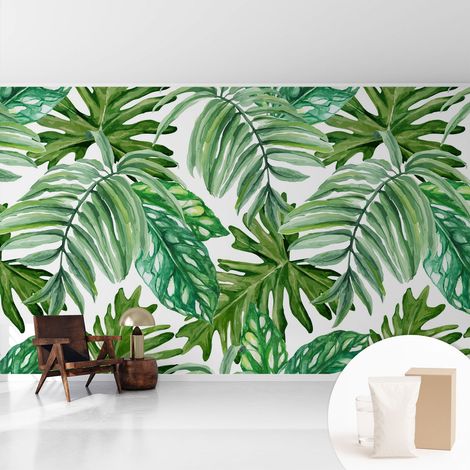 Papier peint avec colle pour décoration moderne de salon chambre à coucher cuisine et bureau Facile Feuilles exotiques 416x254 cm (1/5)