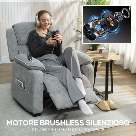 Fauteuil relax inclinable 150° effet velours gris, avec repose-pieds, télécommande et poche latérale, dimensions 96x90x103 cm (1/5)