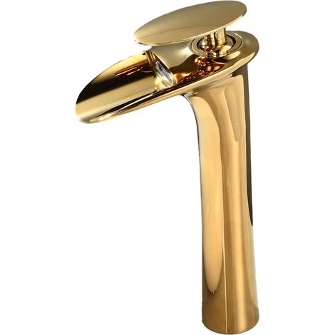 Mitigeur de Lavabo Cascade Doré: Robinet Salle de Bain Haute - Robinet pour Vasque - Robinettrie Or en Laiton (1/5)
