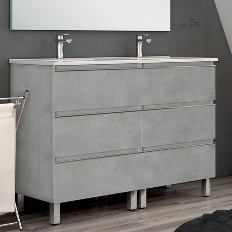 Meuble de salle de bain 140cm double vasque - 6 tiroirs - sans miroir - ciment (gris) - PALMA (1/4)