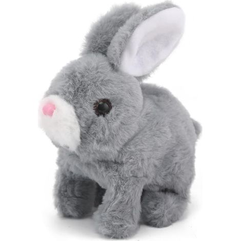 Lapin sauteur en peluche interactif et éducatif pour enfants, avec oreilles qui remuent, bouche et nez qui frémissent. Gris. (1/5)