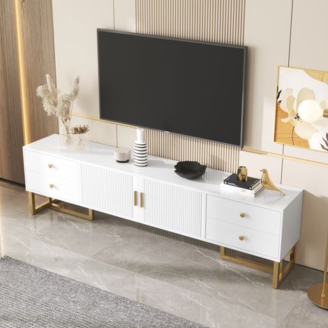 DESMIU Meuble TV 175 cm avec 4 tiroirs et 2 portes, pour salon, en MDF, blanc, 175 × 30 × 46 cm (1/5)