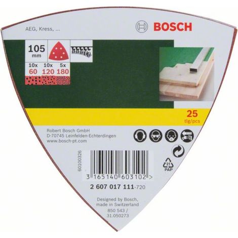 Bosch Hoja Lija Set para Lijadora Delta 25 piezas 6 agujeros velcro 105 mm velcro 60 120 180 - 2607017111 (1/2)