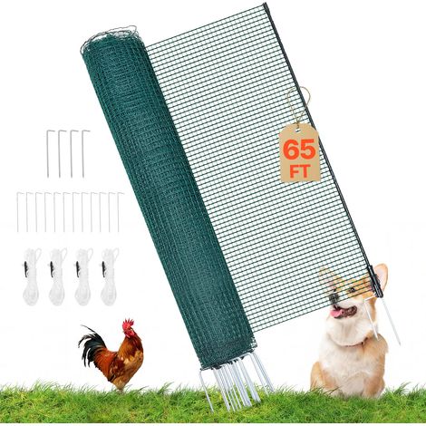 VEVOR Valla de Pollos y Perros, 0,9 m x 20 m, Malla de Protección para Jardines y Huertos, con Postes y Estacas de Doble Punta, Red Plástica de Seguridad para Aves de Corral Cría de Animales, Verde (1/5)
