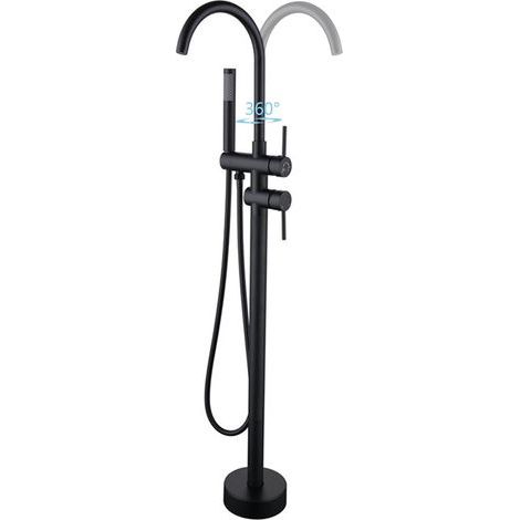 Robinet de Baignoire Ilot 2 Modes Mitigeur de Baignoire Ilot avec Douchette, Rotation à 360° Robinet de Baignoire sur Pied Laiton Robinet Mitigeur au Sol Moderne et Simple (Noir) (1/5)