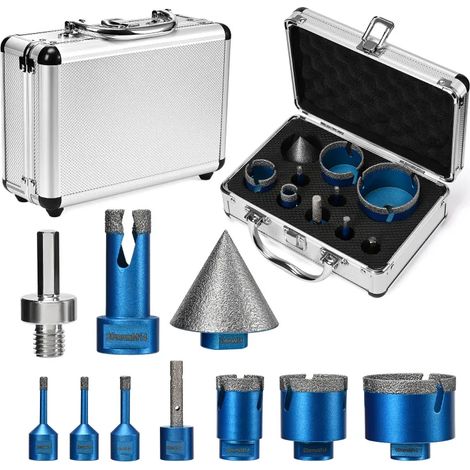 Kit de 10 forets diamantés pour carrelage 7 diamètres 6/6/8/20/35/50/68mm soudage sous vide dissipation thermique optimisée compatible céramique granit marbre étui de rangement inclus (1/5)