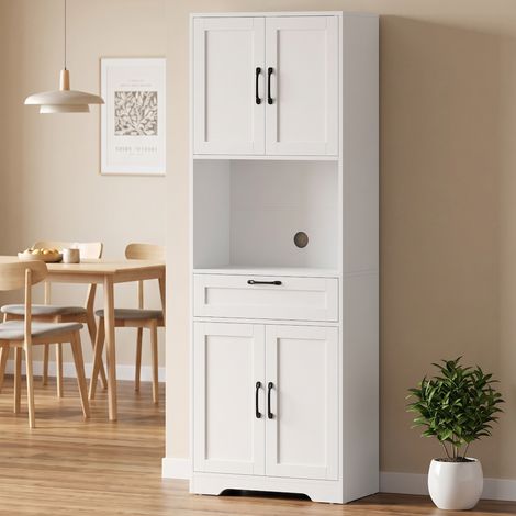 Buffet Haut Cuisine, Armoire Cuisine, 4 Portes à Fermeture Douce, Tiroir, Compartiment Ouvert, Étagères Réglables, Blanc (1/5)