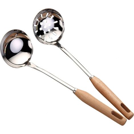 Ensemble de 2 cuillères en acier inoxydable–Acier inoxydable 304– Manche en bois–Louche et écumoire–Ustensiles de cuisine durables (1/5)