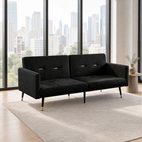 Divano letto 2 posti 164x89x70 cm nero, schienale regolabile 5 posizioni, velluto MEUBLIV (1/4)