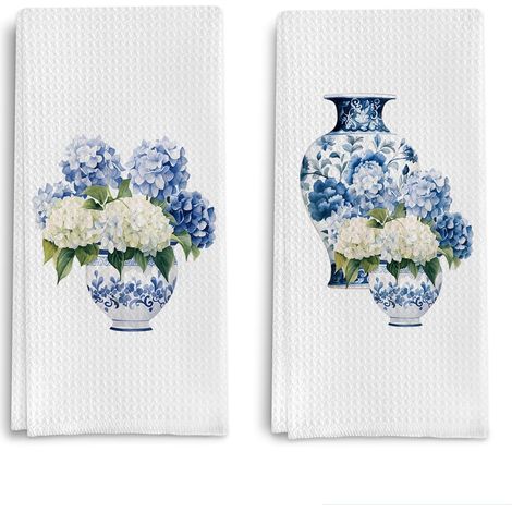 2 pièces Serviettes de Cuisine en Porcelaine Bleue et Blanche Fleurs d'hortensia torchons de Cuisine Serviettes à thé pour la Cuisine déco Chinoiserie Serviettes (1/5)