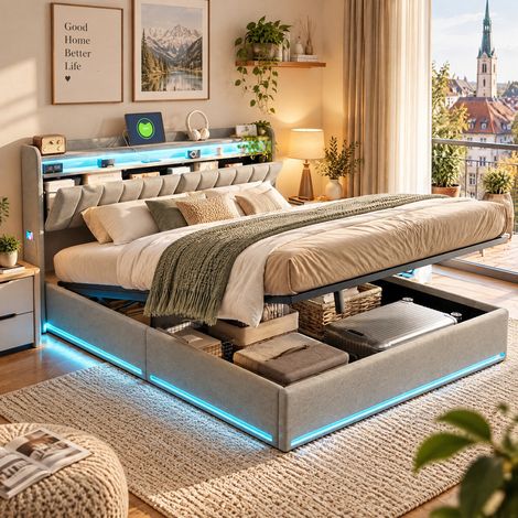 Letto contenitore 160x200cm,letto matrimoniale 160x200cm con LED regolabile e ricarica USB,Letto matrimoniale contenitore,letto 160x200cm,velluto, grigio