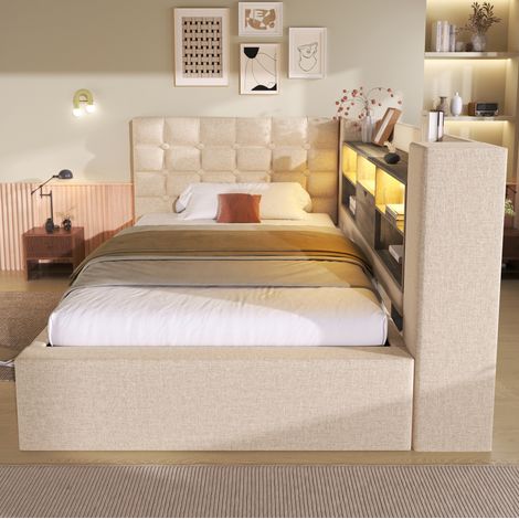 REDOM - Letto contenitore 90x200 cm con letto estraibile, altoparlante Bluetooth USB e USB C, lino cotone legno metallo beige (Senza materasso) (1/5)