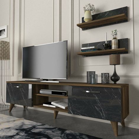 Pared Modular Ipsicratea, Mueble Salón 4 Estantes, 2 Puertas, Conjunto Combinable, Nogal Marrón (1/5)