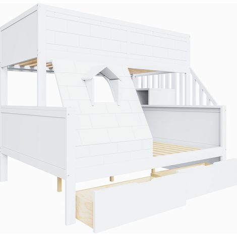Lit superposé enfant en bois massif avec échelle de sécurité, tiroirs et fenêtre – couchage haut 90x200, bas 140x200, cadre robuste pour chambre d’enfant. (1/5)