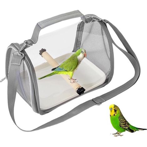 Sac de transport pour oiseaux - Sac de transport portable pour oiseaux - Sac bandoulière pour animaux de compagnie - Avec bâtonnet en bois et plateau - Cage de transport portable pour oiseaux - Gris - (1/5)