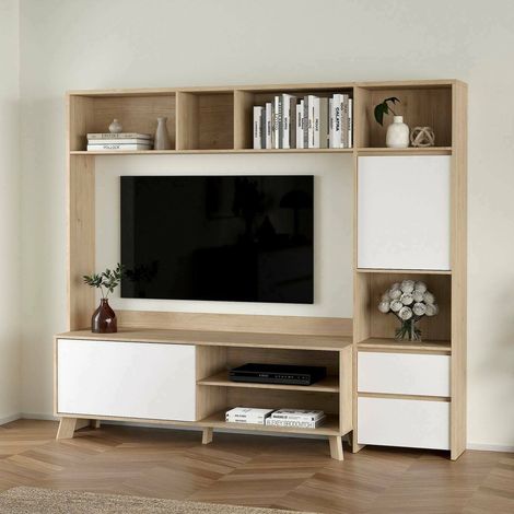 Dmora - Fernsehschrank Calabria, Ständer für Wohnzimmerfernseher, Niedriges Wohnzimmer-Sideboard, TV-Ständerbasis, 209x48 h183 cm, Eiche und Glänzend Weiß (1/5)