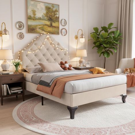 Lit rembourré 90x200cm avec sommier à lattes et tête de lit réglable en hauteur, lit enfant, lit simple, sommier à lattes en bois, montage facile, velours, beige, garantie 2 ans (1/5)