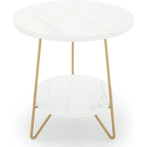 Mesa auxiliar redonda de mármol sintético y metal dorado, 48 x 48 x 55 cm, blanco y dorado (1/5)