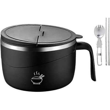 1200-ml-Ramen-Schüssel, Edelstahl-Nudelschüssel mit Griff und Deckel, auslaufsichere Suppenschüssel für Schnellkochtöpfe, schwarz (1/5)