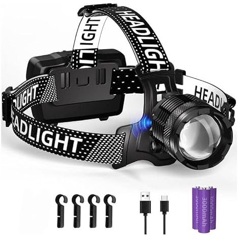 Lampe Frontale LED Rechargeable,Ultra Puissante 100000 Lumens 4 Modes Lampe Frontale avec Capteur, Batterie 9000mAh Zoom IP65 Étanche Angle de 90 ° Réglable pour Camping en Extérieur (1/5)