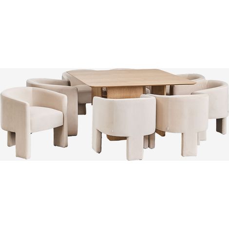Sklum – Ensemble table carrée 140x140 cm MDF placage frêne Ginger – 8 chaises velours Xastru – Finition mate élégante – Pour salle à manger moderne