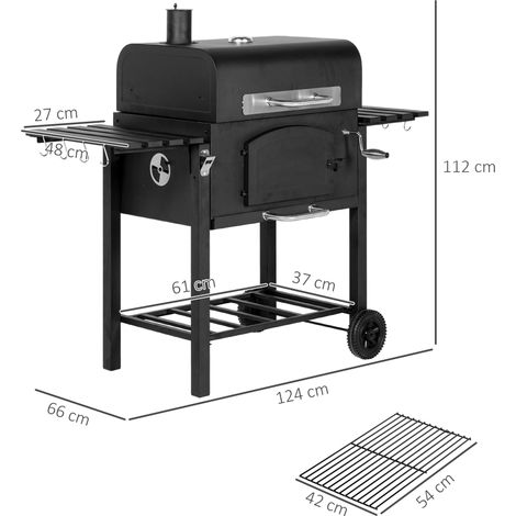 Barbecue de jardin au charbon de bois avec couvercle, étagères, fumoir, plaque chauffante, grilles, roulettes de transport et structure en métal. (1/5)