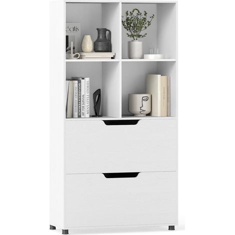 COSTWAY Libreria a 4 Cubi con 2 Cassetti, Scaffale Alto a 5 Ripiani da 130 cm, Libreria Moderna a Cubi Aperti, Organizer in Legno per Soggiorno, Studio, Ufficio Domestico (Bianco) (1/5)
