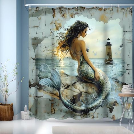 Rideau Douche 180x200,Rideau de Douche Lavable en Machine Rideau Douche Tissus Lavable Rideau Baignoire pour Salle de Bain Domicile Baignoire Famille Hôtel,Meerjungfrau(180x200cm) (1/5)