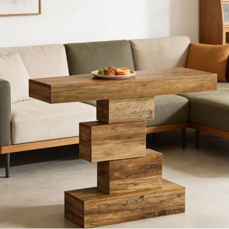 Mesa consola 108x30x80 cm, diseño escalonado con base geométrica, para recibidor y salón, madera marrón claro (1/5)