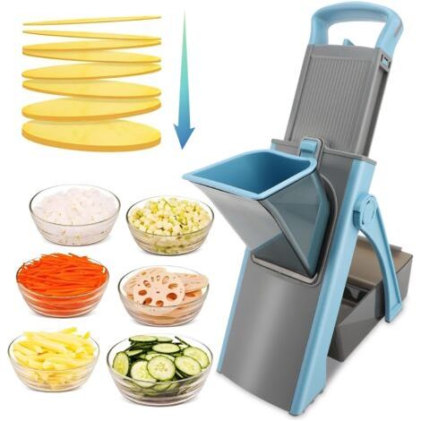 Mandoline Cuisine, Safety Slicer Coupe Frites Manuelle, Multifonction Tous Coupe Légumes Lame en acier inoxydable, Julienne, Cubes, Fcoupe Patate Frite carotte, Euroshopping -bleu ciel