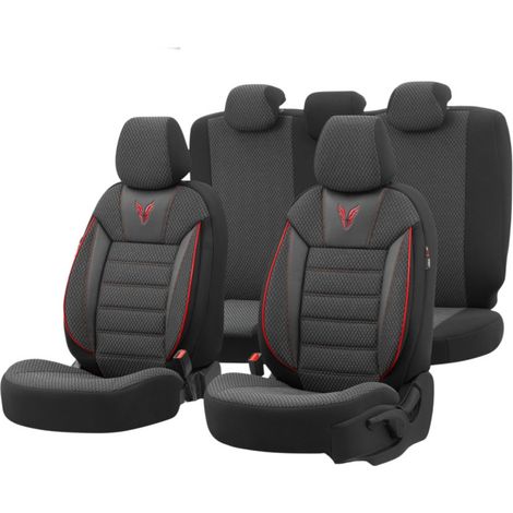Komplettset luxuriöser Sitzbezüge OTOM, Textil mit Kunstleder TORO Sport Design – Schwarz mit roter Naht, für Vorder- und Rücksi