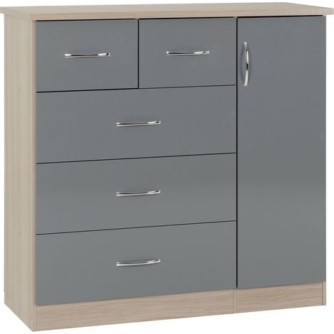 Nevada 5 Drawer Low Wardrobe - L46 x W117 x H115 cm - Grey Gloss/Light Oak Effect Veneer (1/5)