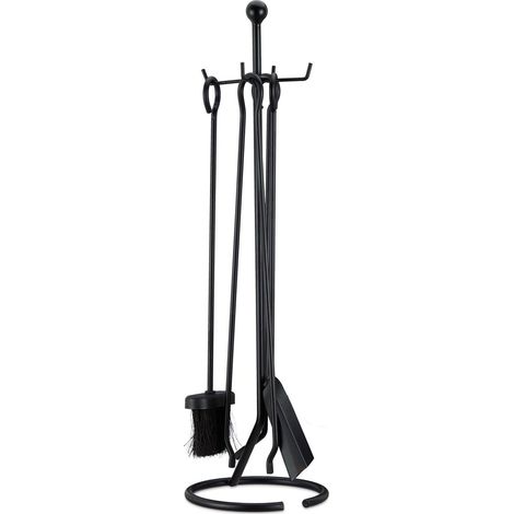 Ensemble serviteur de cheminée 5 pièces accessoire acier pince pelle balai tisonnier noir (1/5)
