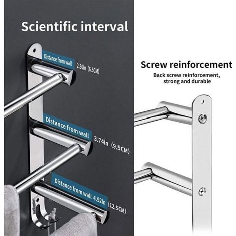 Porte-Serviettes Inox Rétractable 3 Couches, Fixation Sans Percage Niveau Cuisine Hôtel Argent (1/4)