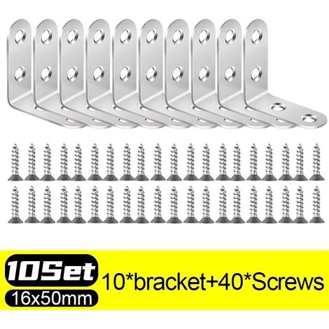 (10 jeux - 16 x 50 mm) Équerres d'angle en L en acier inoxydable, fixations à angle droit (90°) pour meubles en bois, cadres de lit et armoires (1/5)