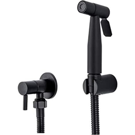 Grifo de cocina negro combinado con rociador higiénico de pared, un accesorio de baño versátil.